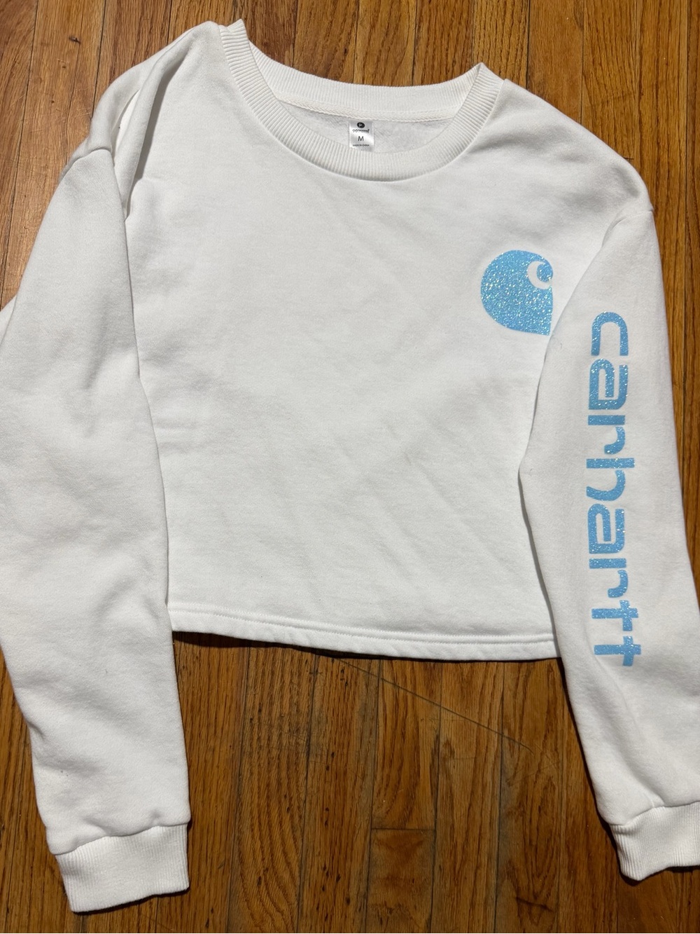 Carhartt White Crop Sweatshirt with Light Blue Glitter Logo